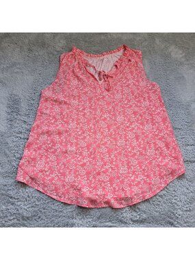 Loft Outlet Large Pink White Floral Sleeveless Challis Blouse Ruffled Tie V Neck